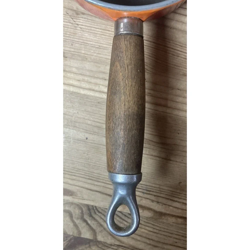 Vintage Le Creuset #14 Flame Orange Enameled Cast Iron Wood Handle Saucepan